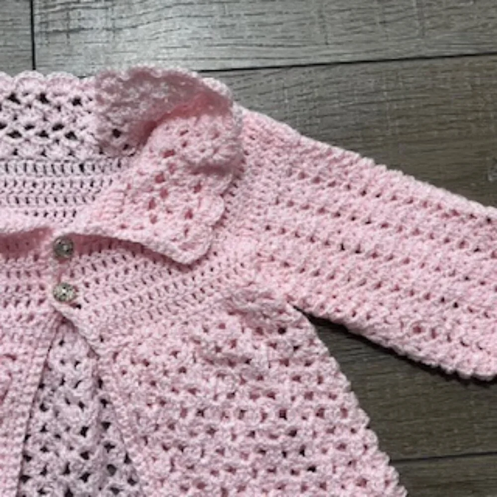 Hand Made Pink Crocheted Little Girls‎ Cardigan Sweater Jacket Size 2T